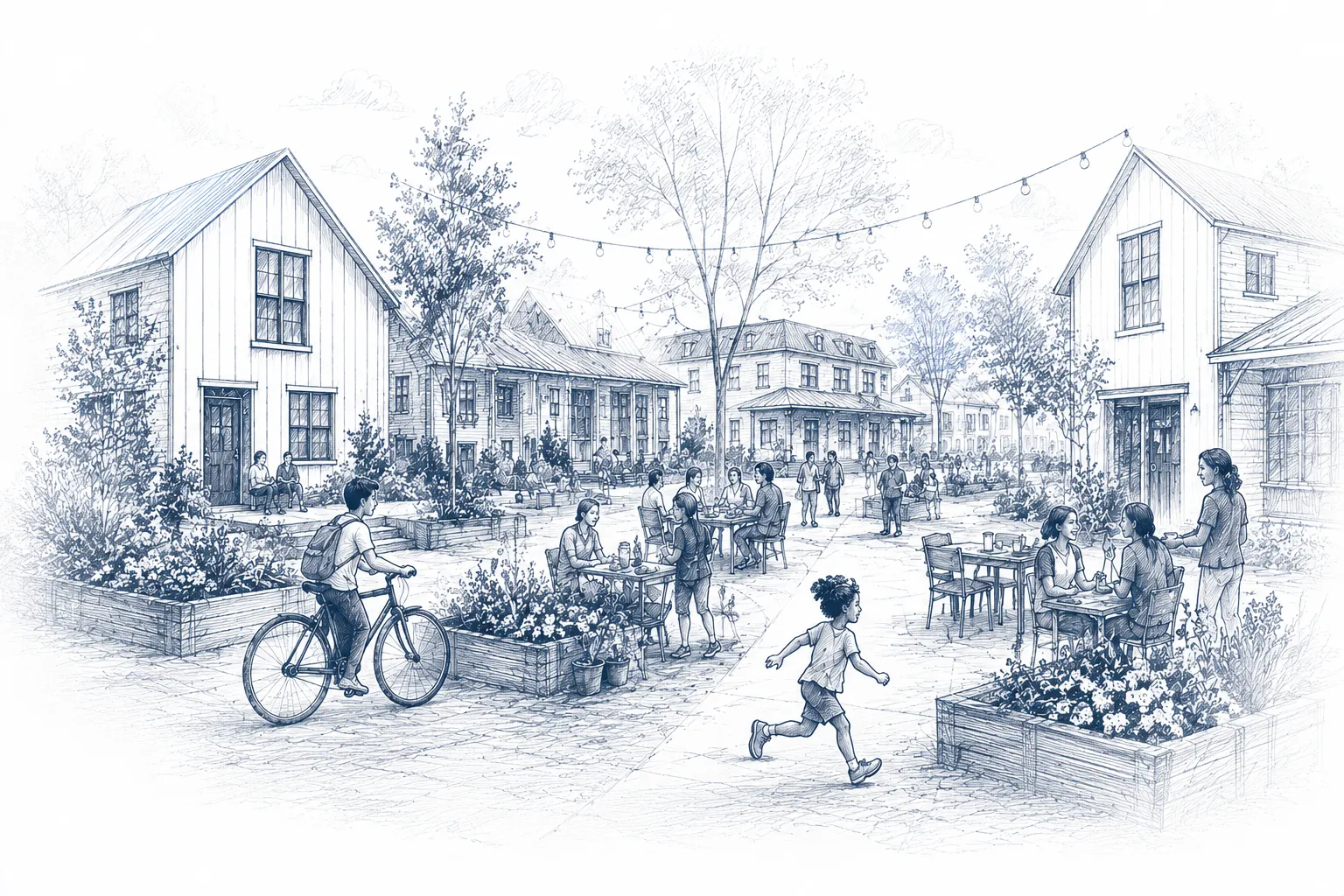 Sketch of a walkable neighborhood where neighbors share tables, gardens, and a courtyard strung with lights
