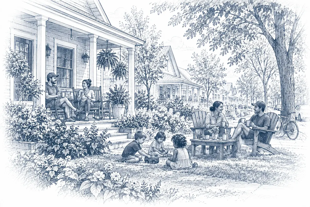 Sketch of neighbors sharing coffee on a front porch and in the yard while their children play together
